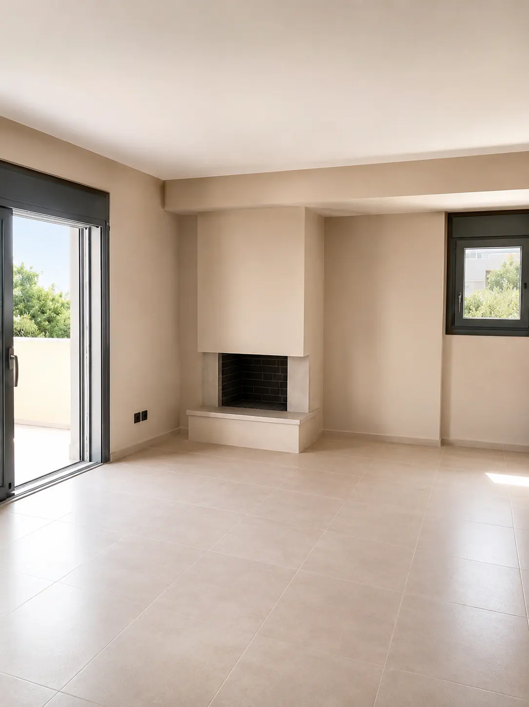 Spacious, empty living room with beige walls, light tile floors, a central fireplace, and a glass door leading to a balcony.