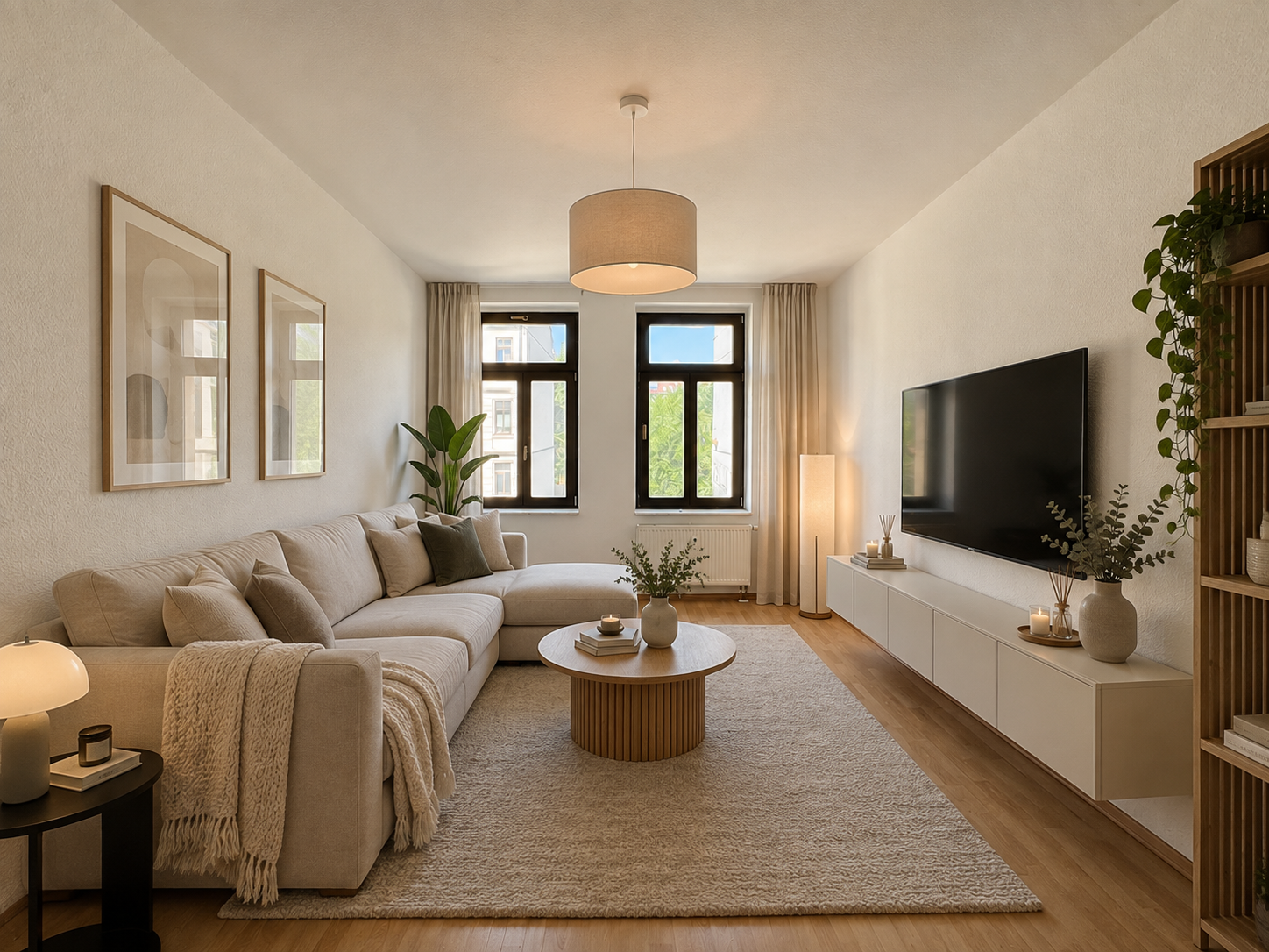 Modern living room with a beige sectional sofa, round wooden coffee table, wall-mounted TV, and light wood flooring. [AI-generated text]
