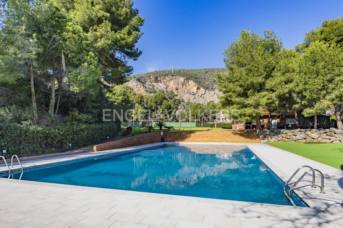 A turquoise pool with metal ladders sits on a stone patio, surrounded by green trees and grass under a blue sky.