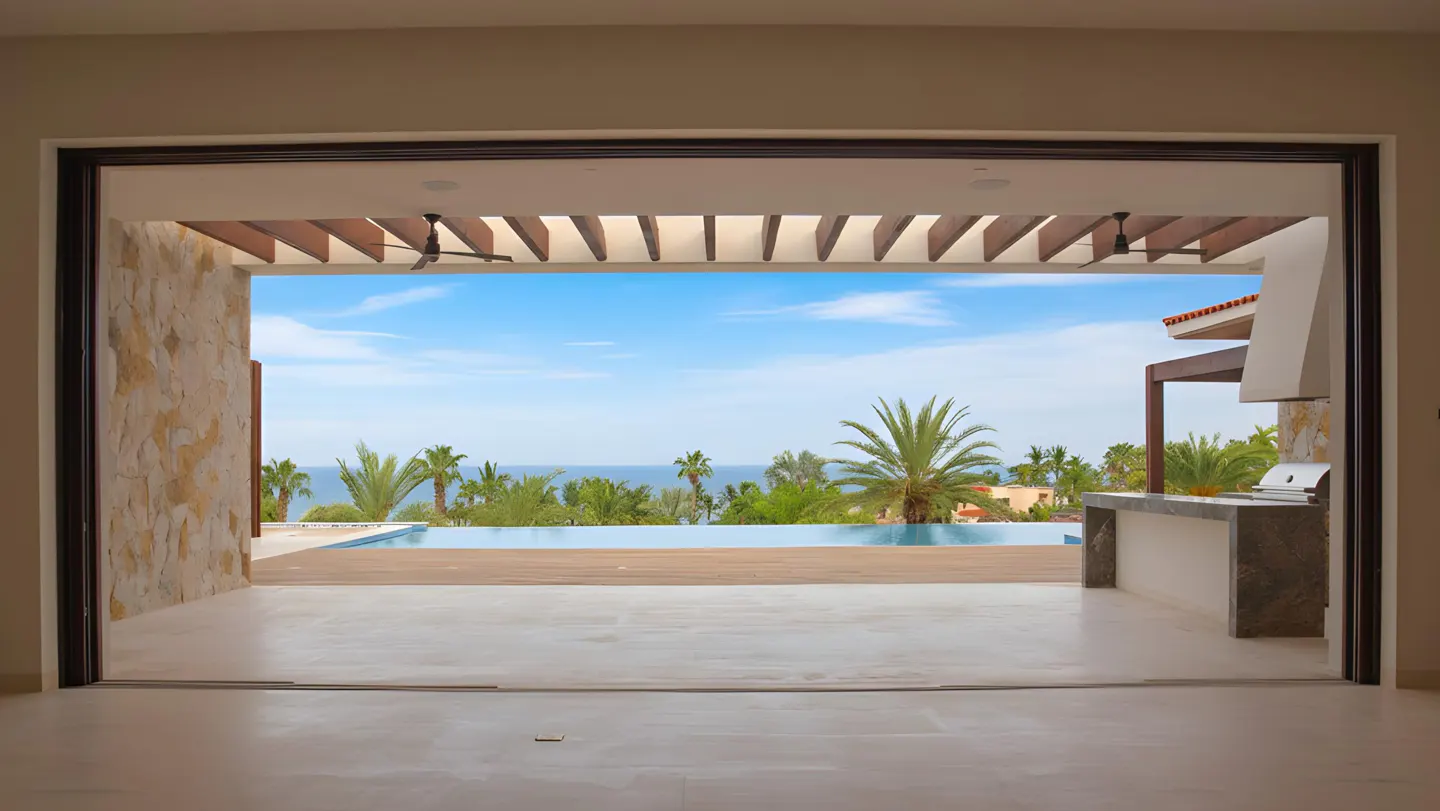 Open glass doors reveal a patio with an infinity pool, outdoor kitchen, and ocean view framed by palm trees.