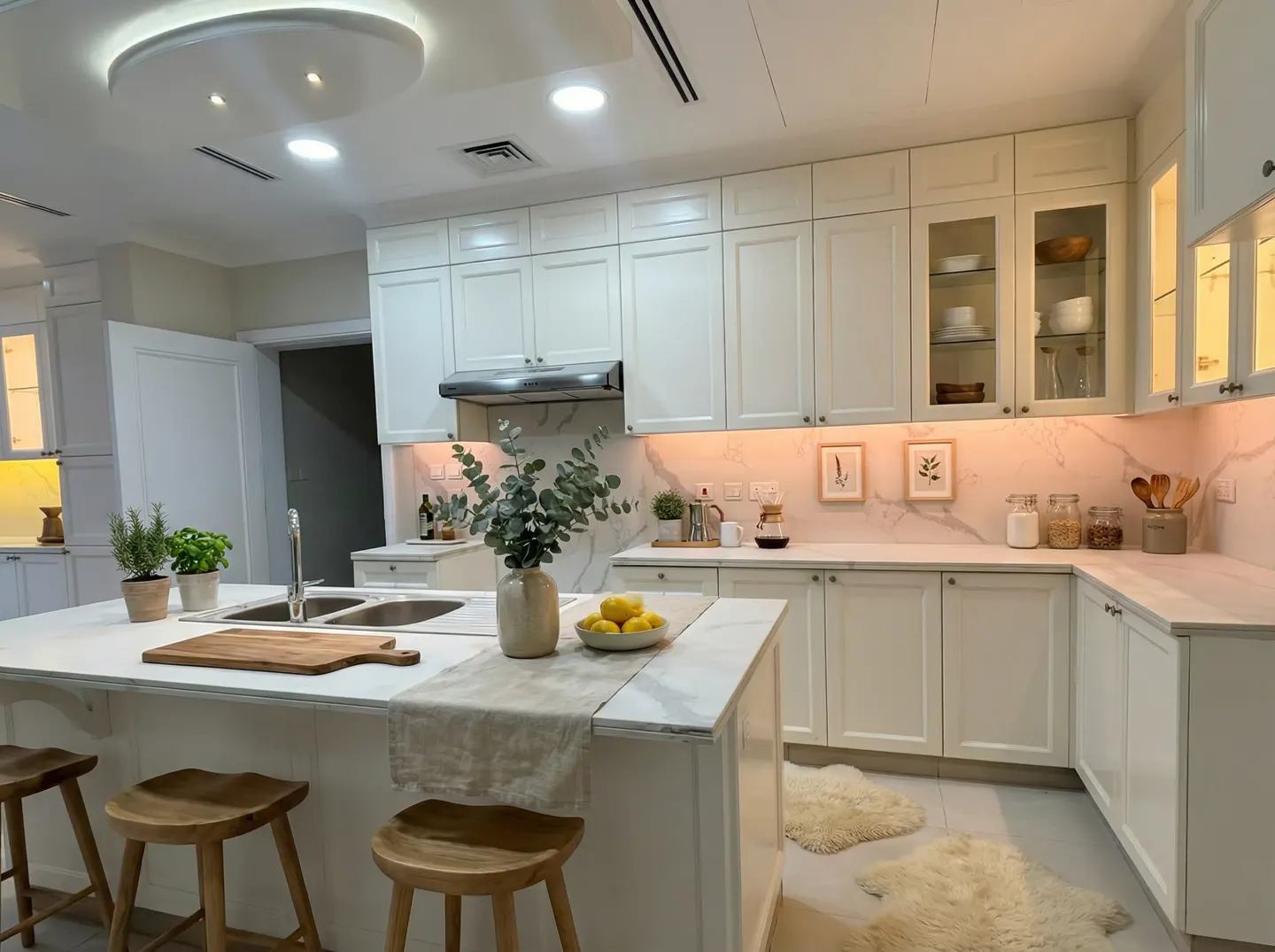 Bright, modern kitchen with white cabinets, marble countertops, and a central island with wooden stools. A vase of eucalyptus and lemons adds a fresh touch.