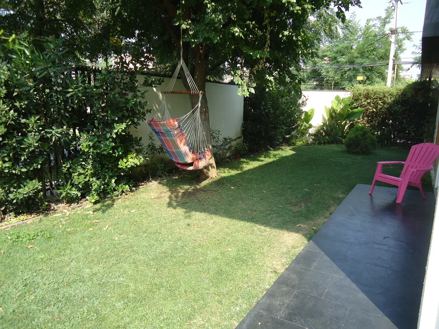 A backyard with green grass, a hammock hanging from a tree, and a pink chair on a dark patio.