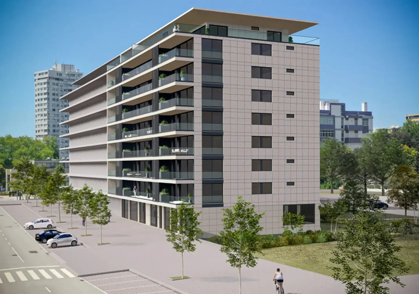 Modern apartment building with balconies, light stone facade, and flat roof. Cars parked on the street, trees lining the sidewalk.