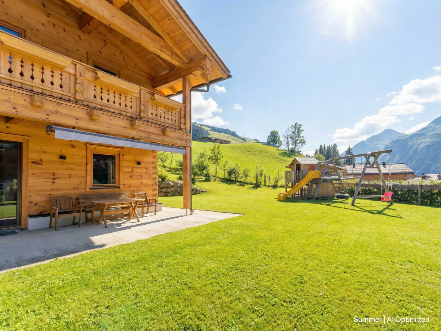 Wooden chalet with a green lawn, playground, and mountain views on a sunny day.