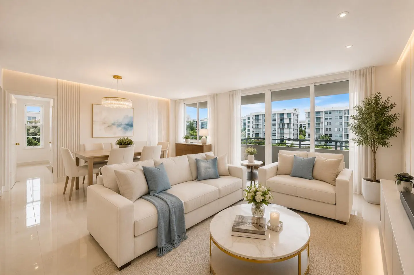 Bright living room with white sofa, chair, and marble coffee table. Dining area with wooden table and chairs. Balcony with city view.