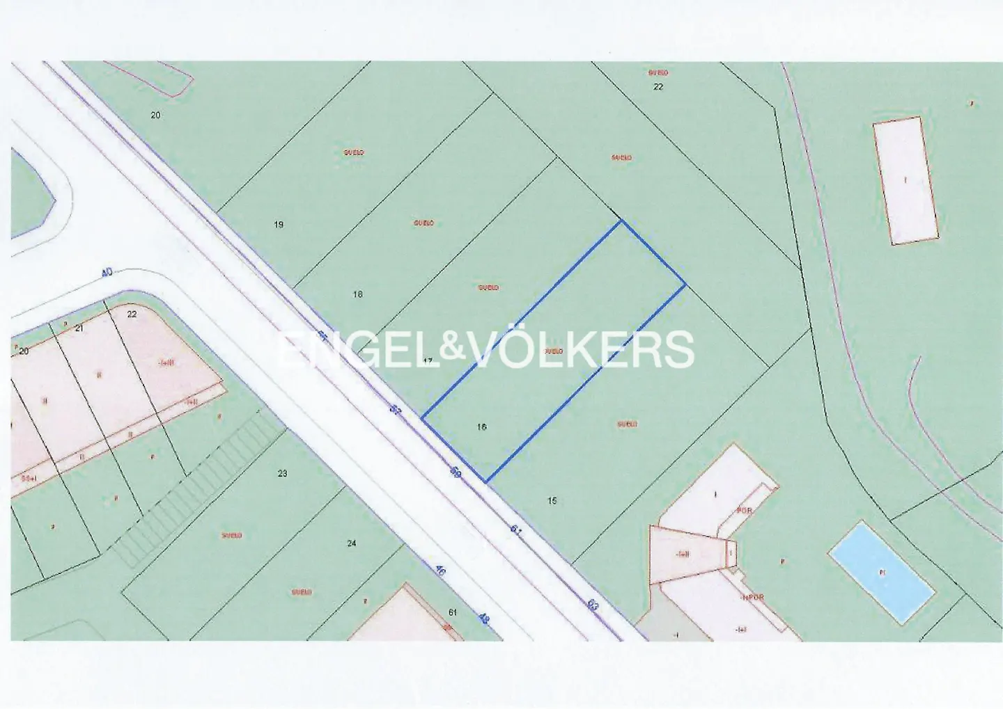 Real estate map showing a plot of land outlined in blue, with the Engel & Völkers logo.