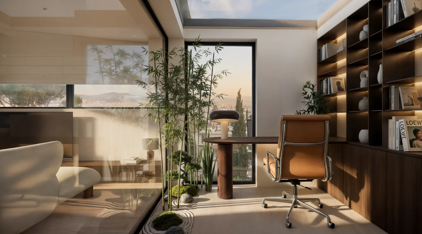 A modern home office with a brown desk, tan leather chair, and a dark wood bookshelf. A window shows a city view. Bamboo plants add greenery.