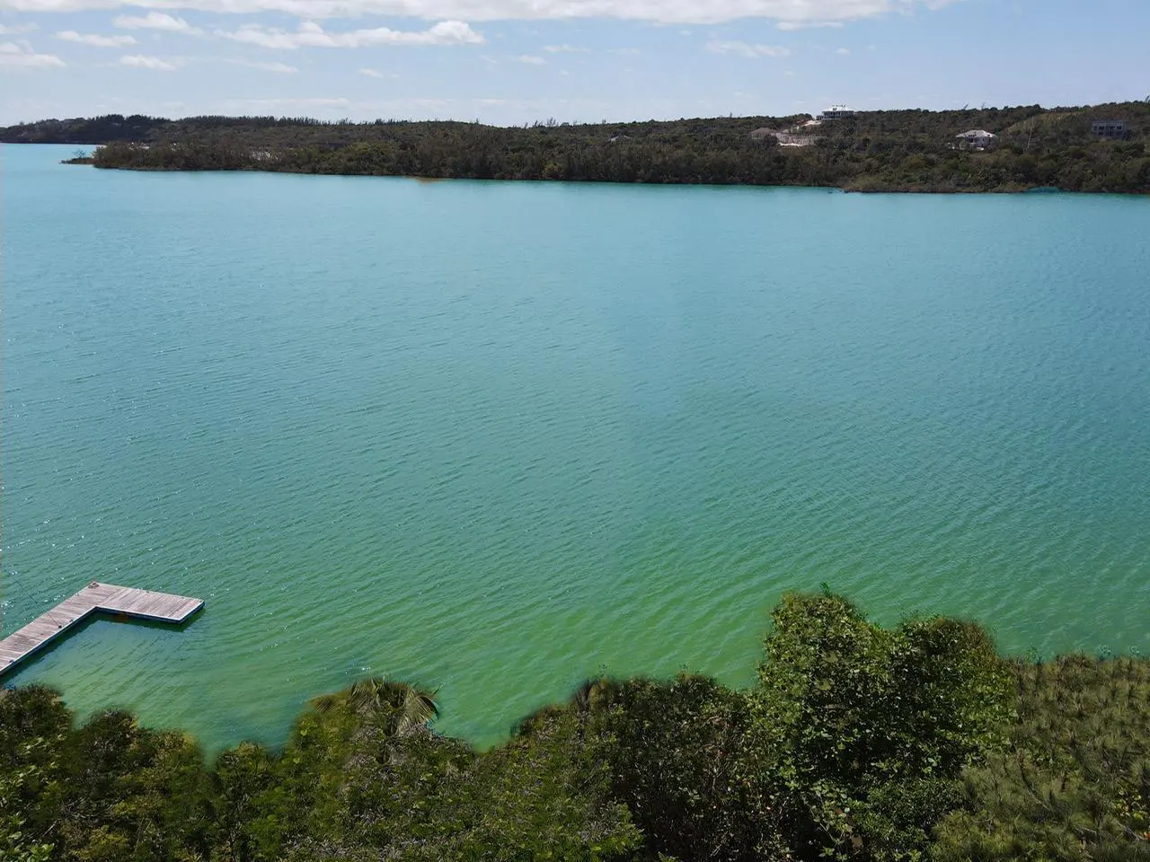 Turquoise water view with a wooden dock on the left, green trees in the foreground, and an island with houses in the background.