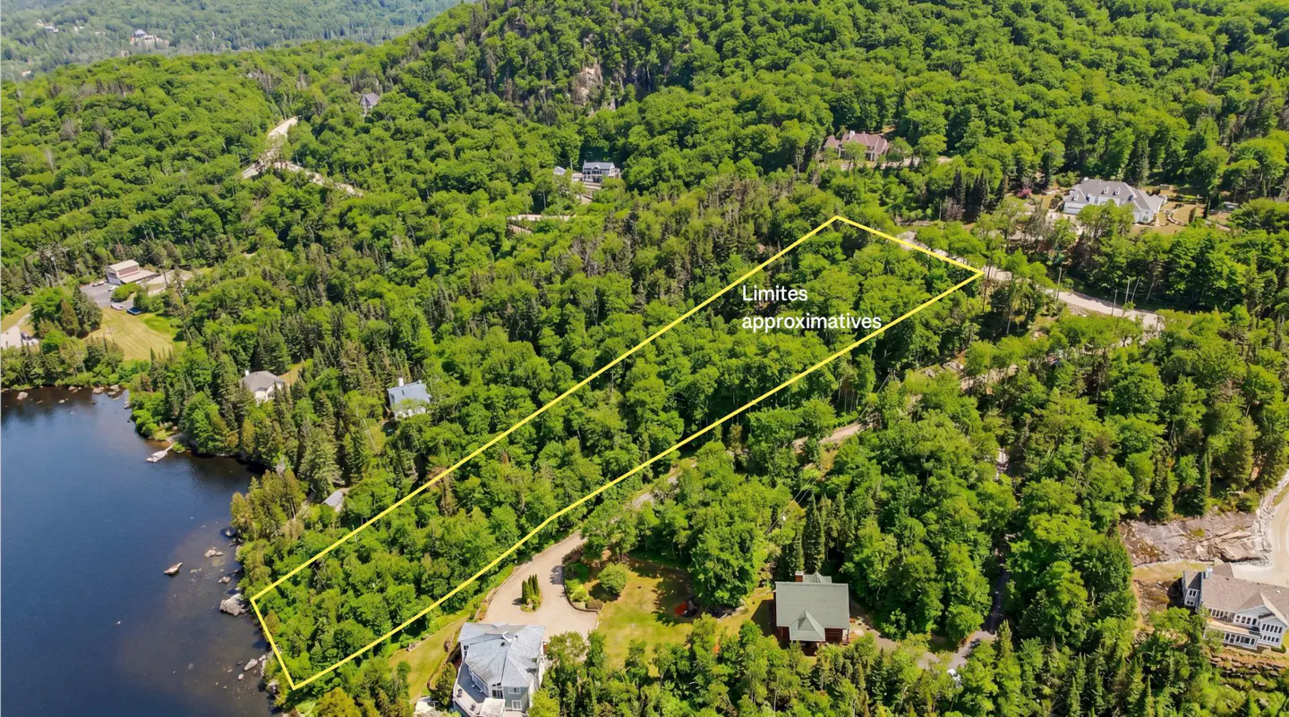 Aerial view of a wooded lot with lake access, outlined in yellow. Houses are visible among the trees. Text reads "Limites approximatives".