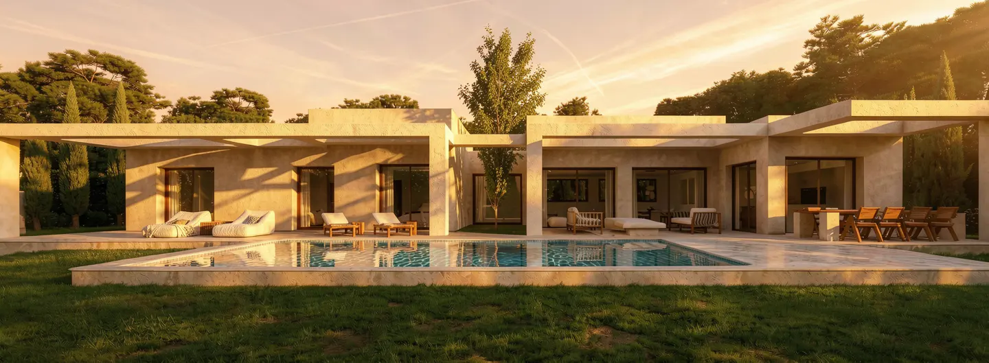 Modern beige villa with a swimming pool, outdoor lounge chairs, and dining area at sunset, surrounded by lush trees.