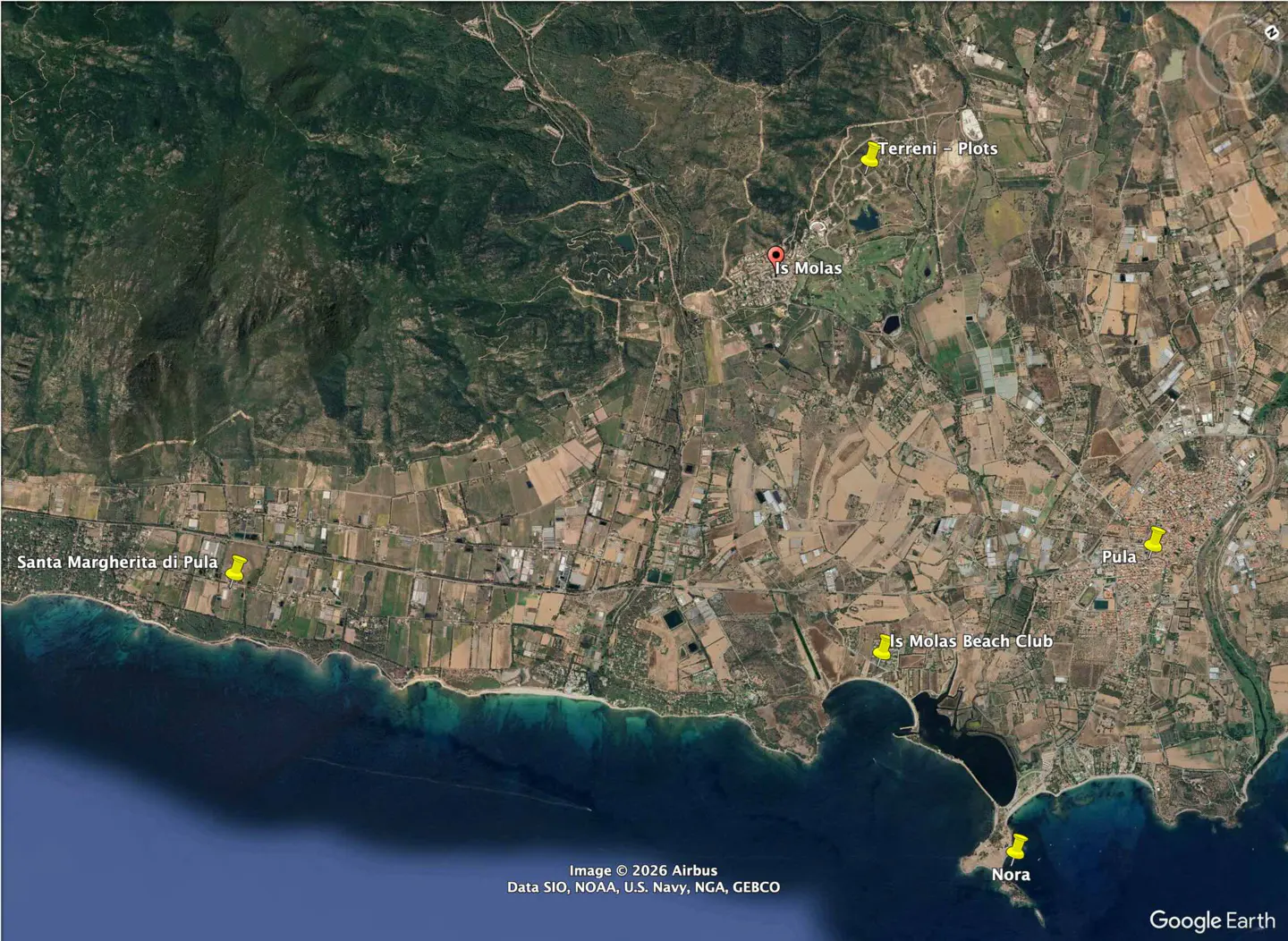 Aerial view of Sardinia, Italy, with markers for Is Molas, Pula, Nora, and Santa Margherita di Pula along the coast.