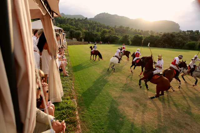 Polo match in progress with spectators on the sidelines