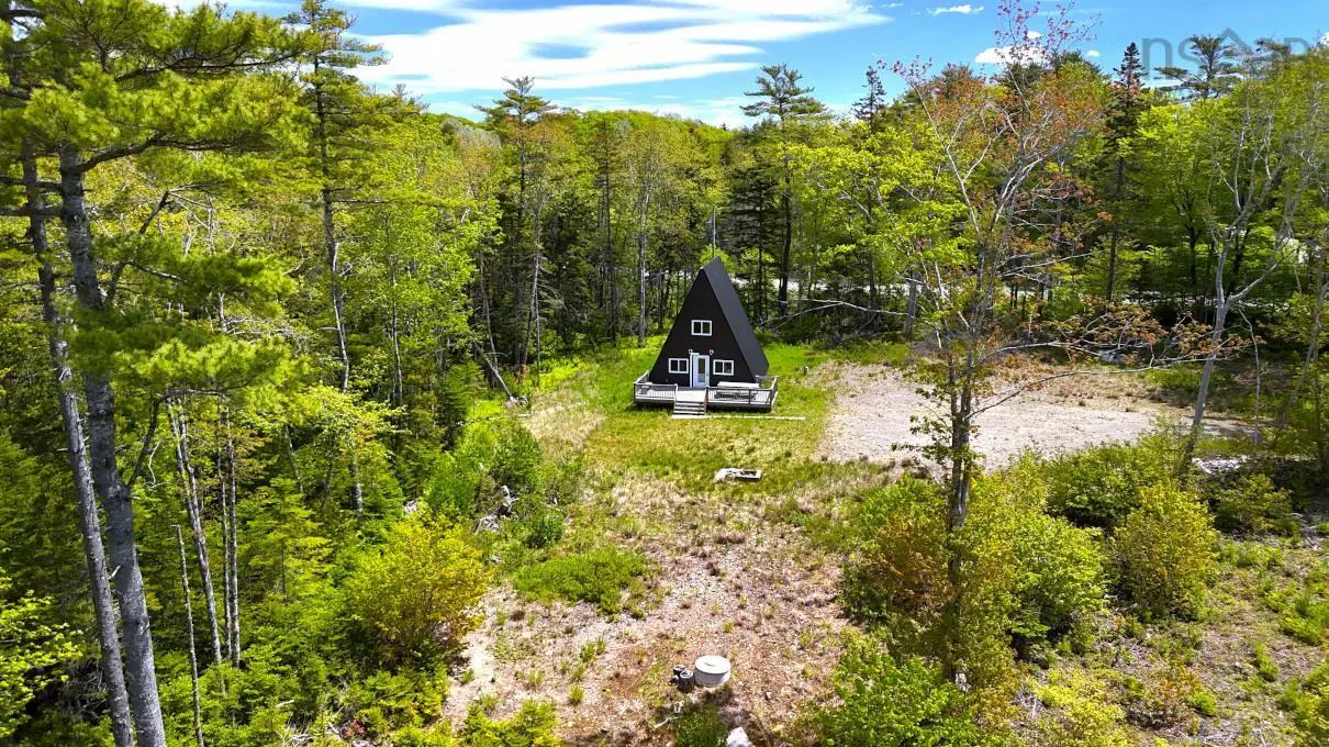 A black A-frame cabin with a wooden deck sits in a clearing surrounded by a lush green forest under a blue sky.