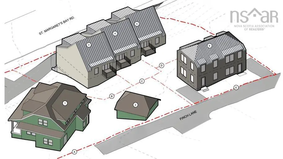 Architectural drawing of a property with multiple buildings, including townhouses and a detached house, on St. Margaret's Bay Rd and Finch Lane.