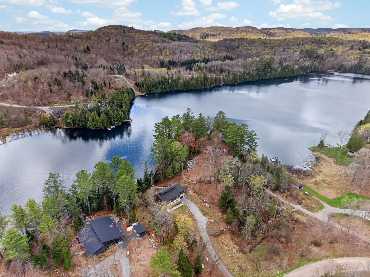 Aerial view of two modern houses with black roofs on a wooded peninsula surrounded by a blue lake and green hills.