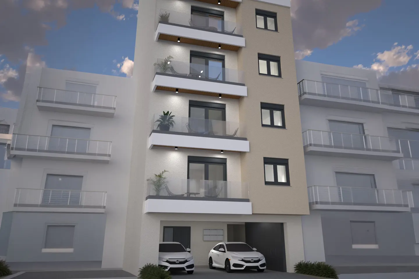Modern apartment building with balconies, plants, and two white cars parked in front of a garage. Blue sky with clouds in the background.