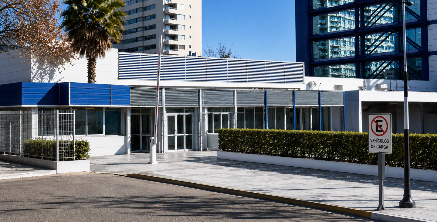 Modern office building entrance with a security gate, glass doors, manicured hedges, and a no-parking sign on a sunny day.