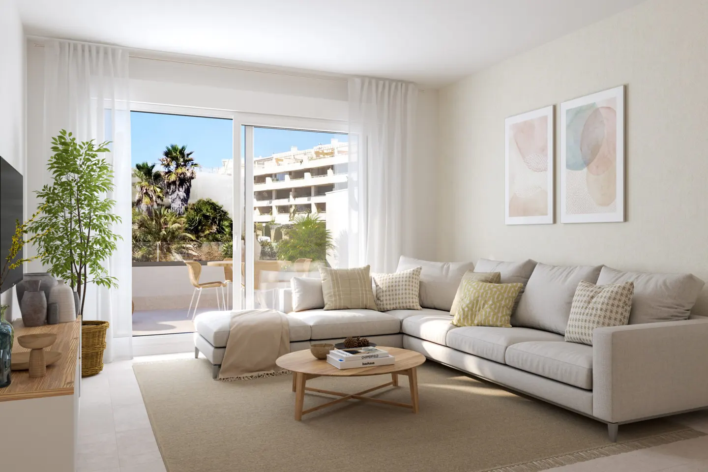 Bright living room with a beige sectional sofa, wooden coffee table, and balcony view of palm trees and a building.
