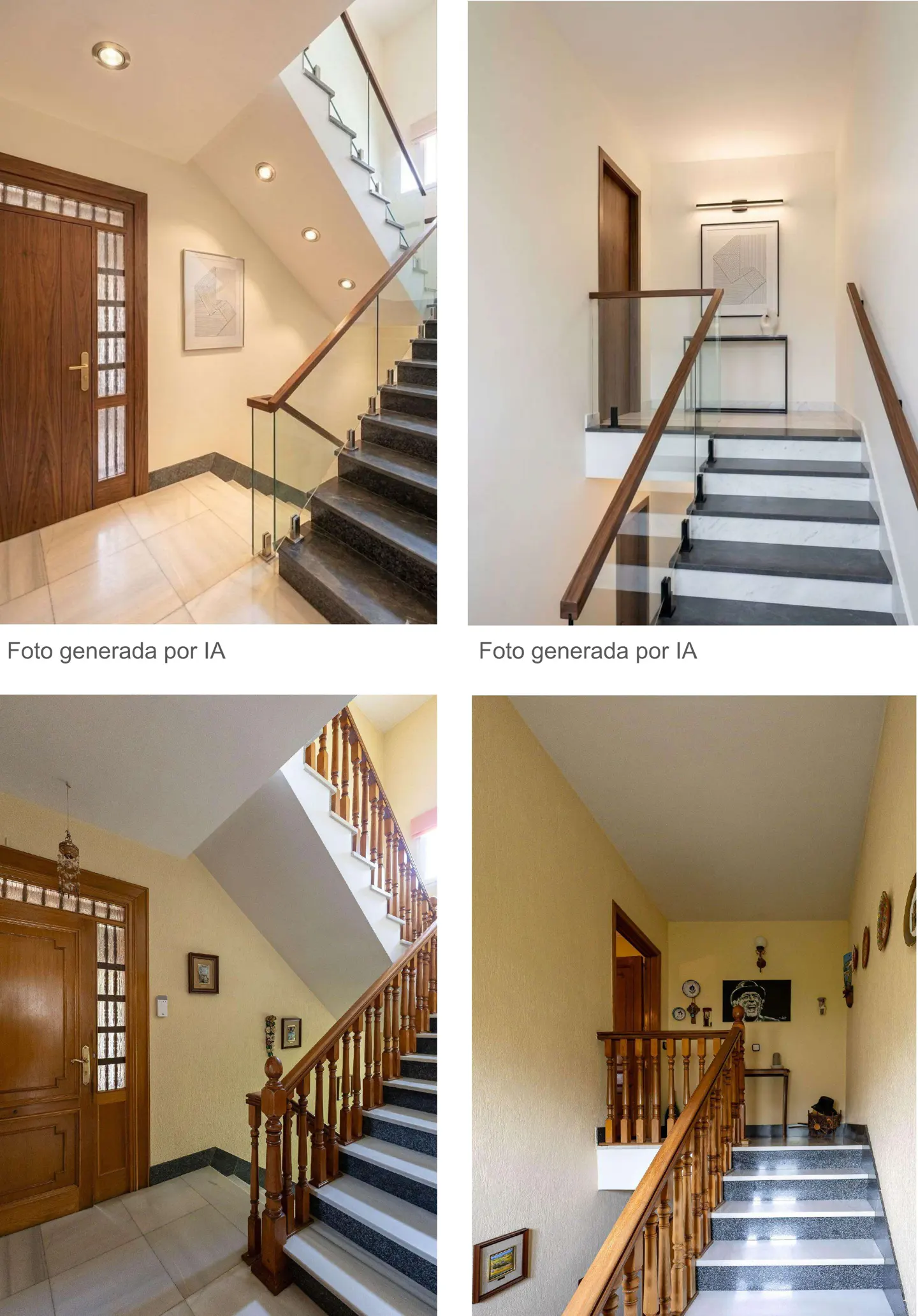 A foyer with a wooden door, tile floor, and stairs with a glass railing. The walls are light yellow.