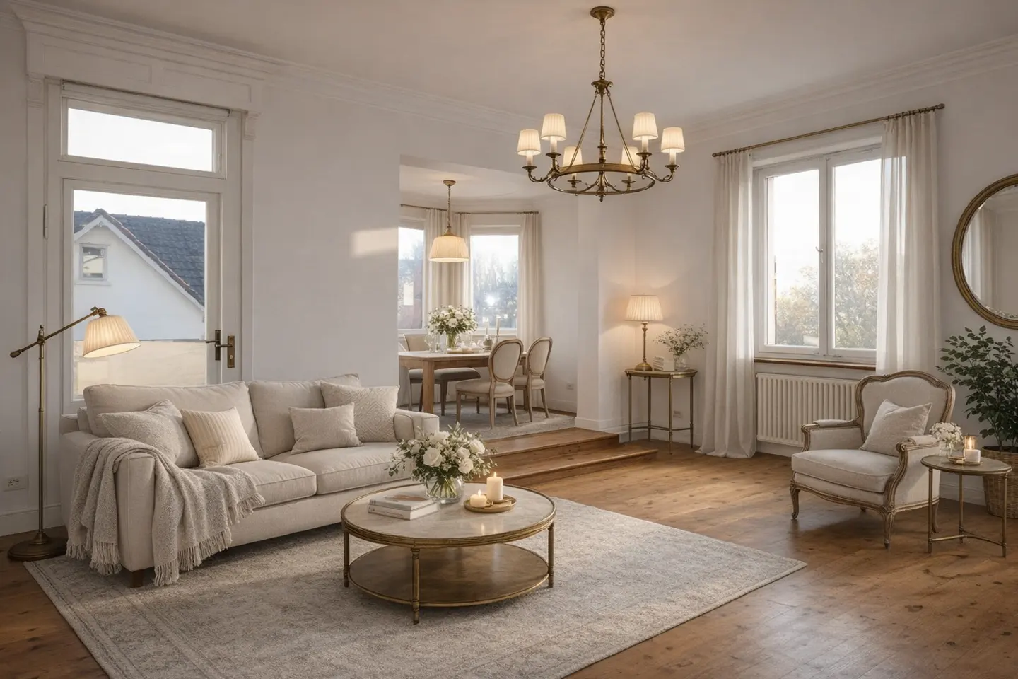 Bright living room with a beige sofa, round coffee table, and a dining area in the background. A chandelier hangs above.