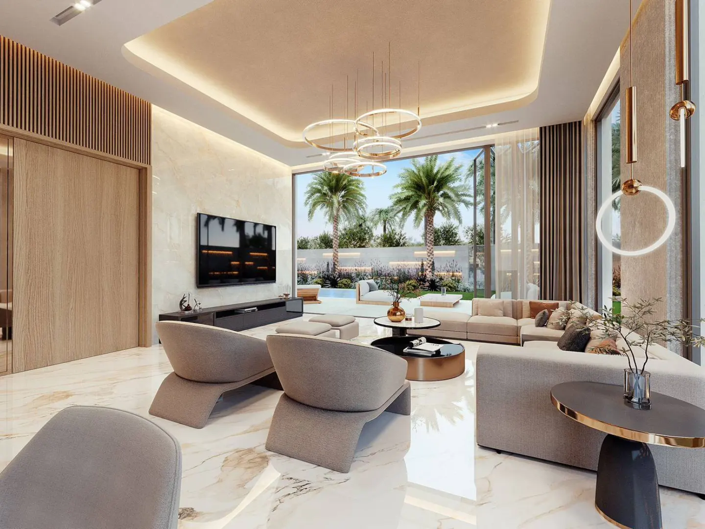 A modern living room with beige furniture, a TV, and a view of a pool and palm trees through large windows.