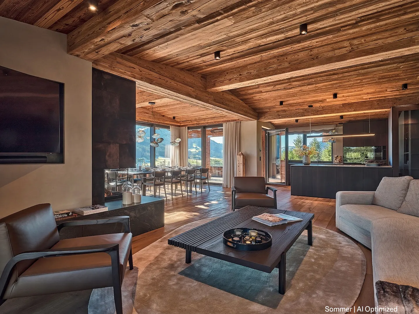 Living room with wood ceiling, brown leather chairs, and a dark wood coffee table on a round rug. Dining area and kitchen visible in background.