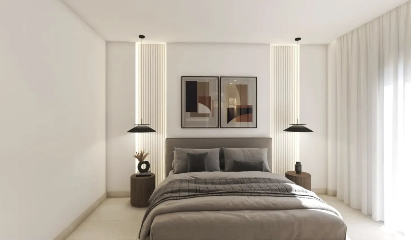 Bedroom with gray bed, side tables, abstract art, and pendant lights. White walls and curtains create a bright, modern space.