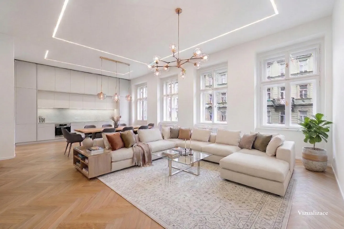 Bright, open-concept living space with a large white sectional sofa, glass coffee table, and herringbone wood floors. Modern lighting fixtures and large windows.