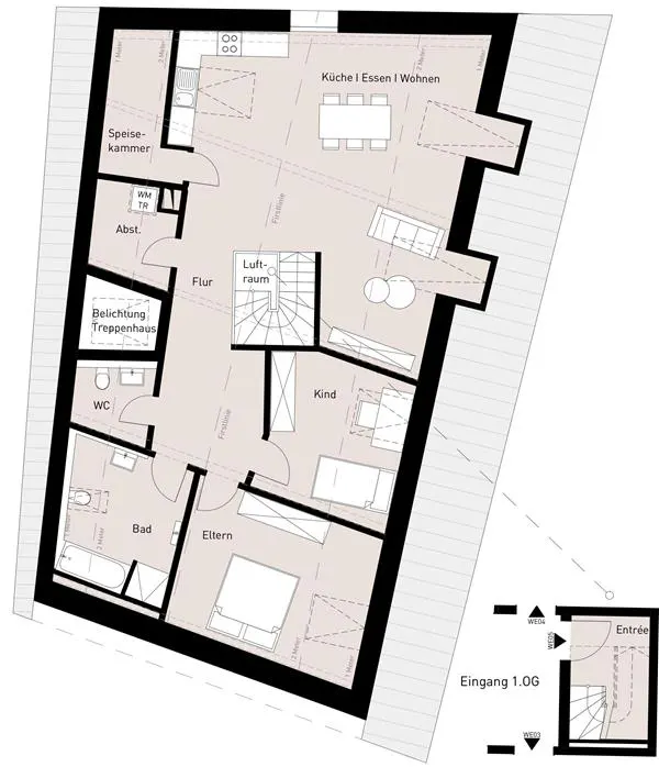 Floor plan of a house with kitchen, living room, dining room, bathroom, WC, storage room, two bedrooms, and a staircase.