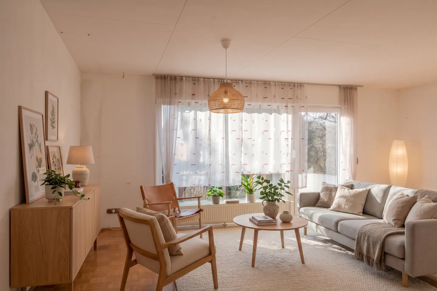 Bright living room with a gray sofa, wooden chairs, and a round coffee table on a cream rug. A woven pendant light hangs above.