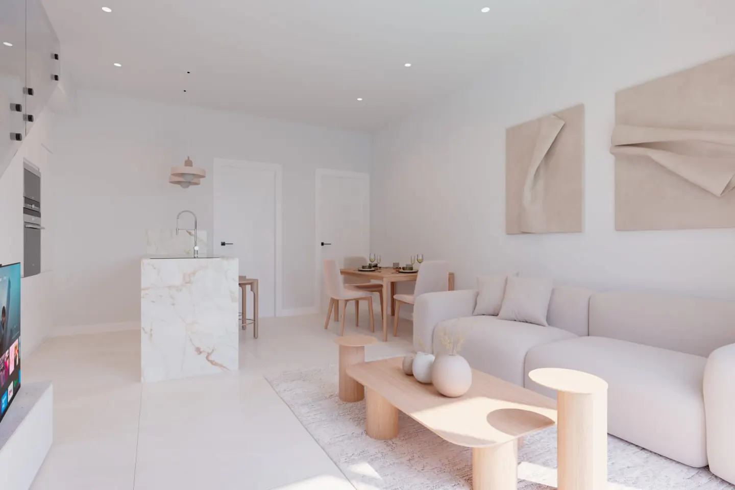 Modern open-plan living room with a white sofa, marble kitchen island, wooden coffee table, and beige wall art.