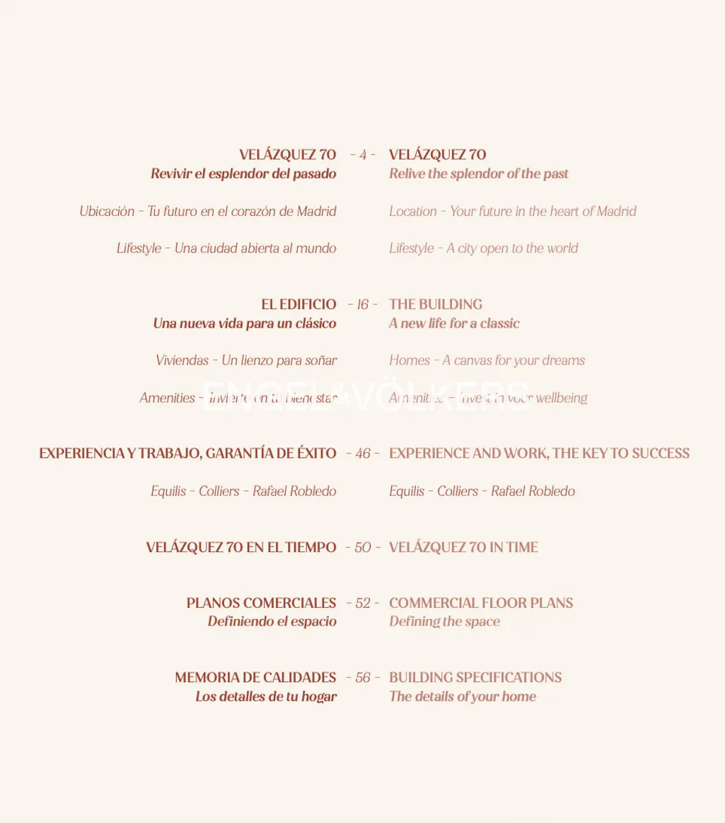 A table of contents for a Velázquez 70 real estate brochure, listing sections in both Spanish and English on a cream background.