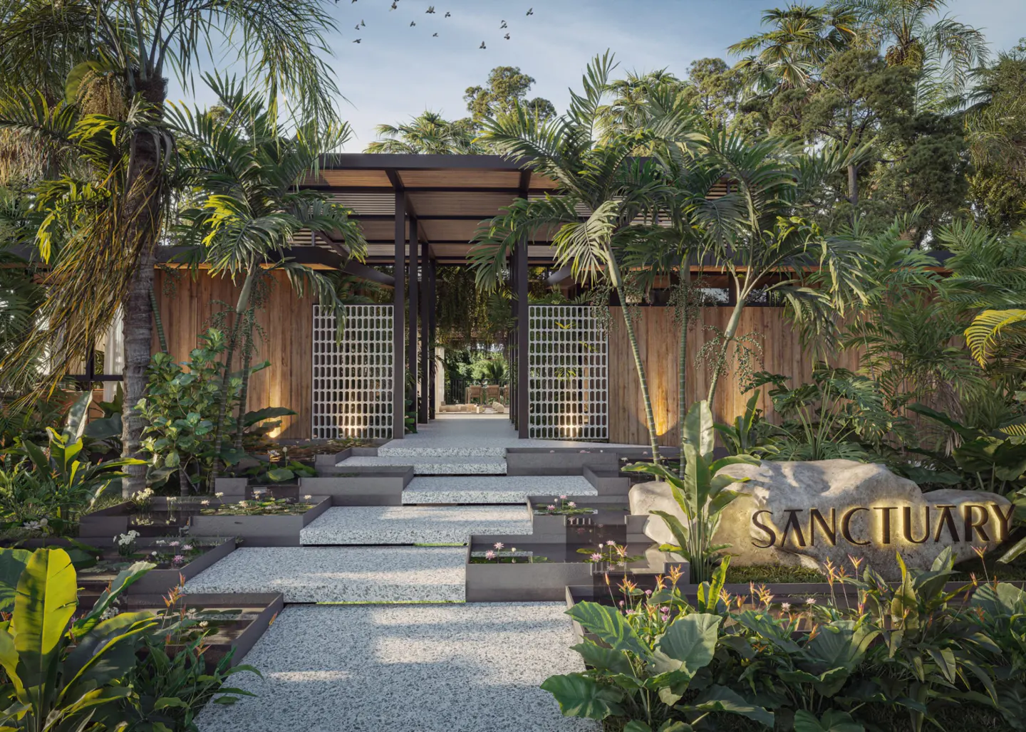Lush tropical garden entrance to "Sanctuary" with stone steps, pergola, wood walls, and palm trees. Birds fly overhead.