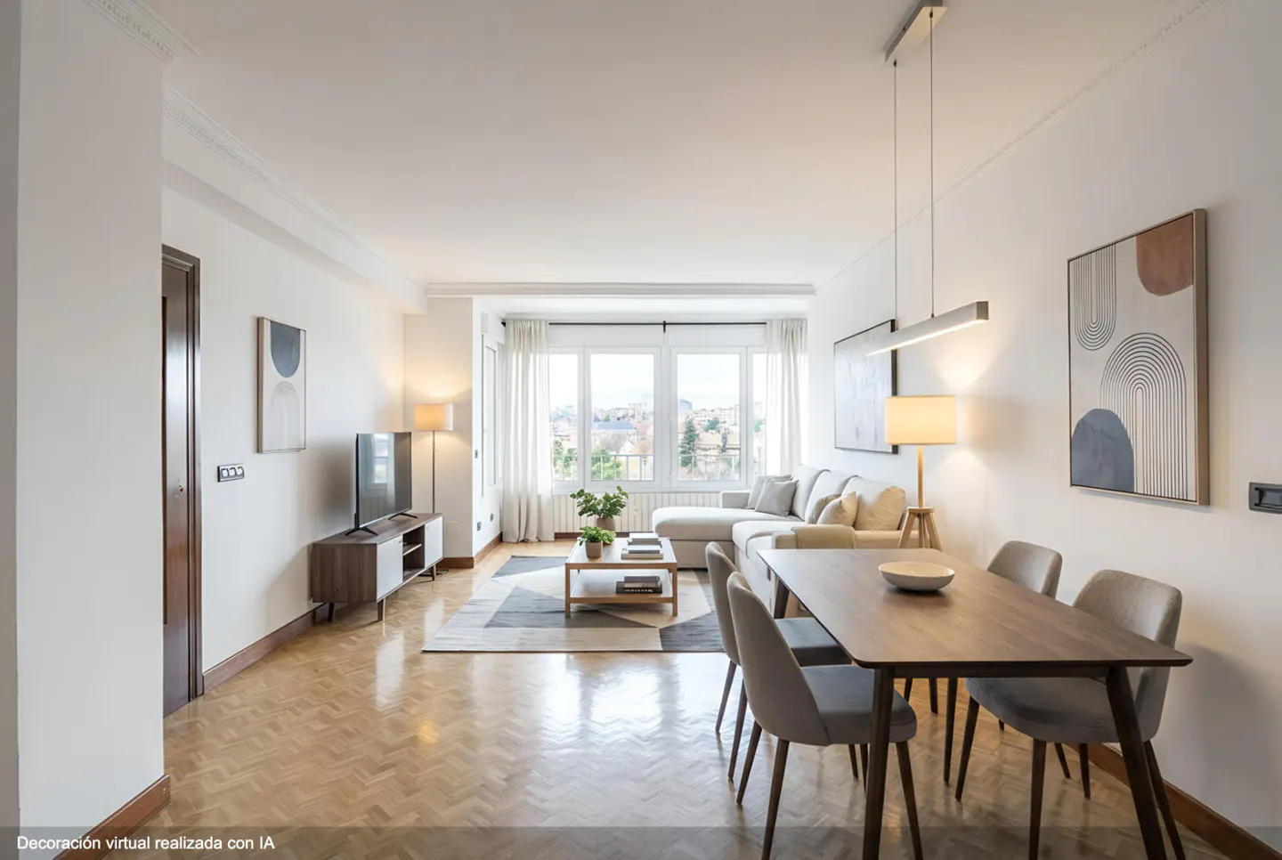 Bright, modern living and dining area with wood floors, white walls, and large windows. A sectional sofa faces a TV, and a dining table seats four.