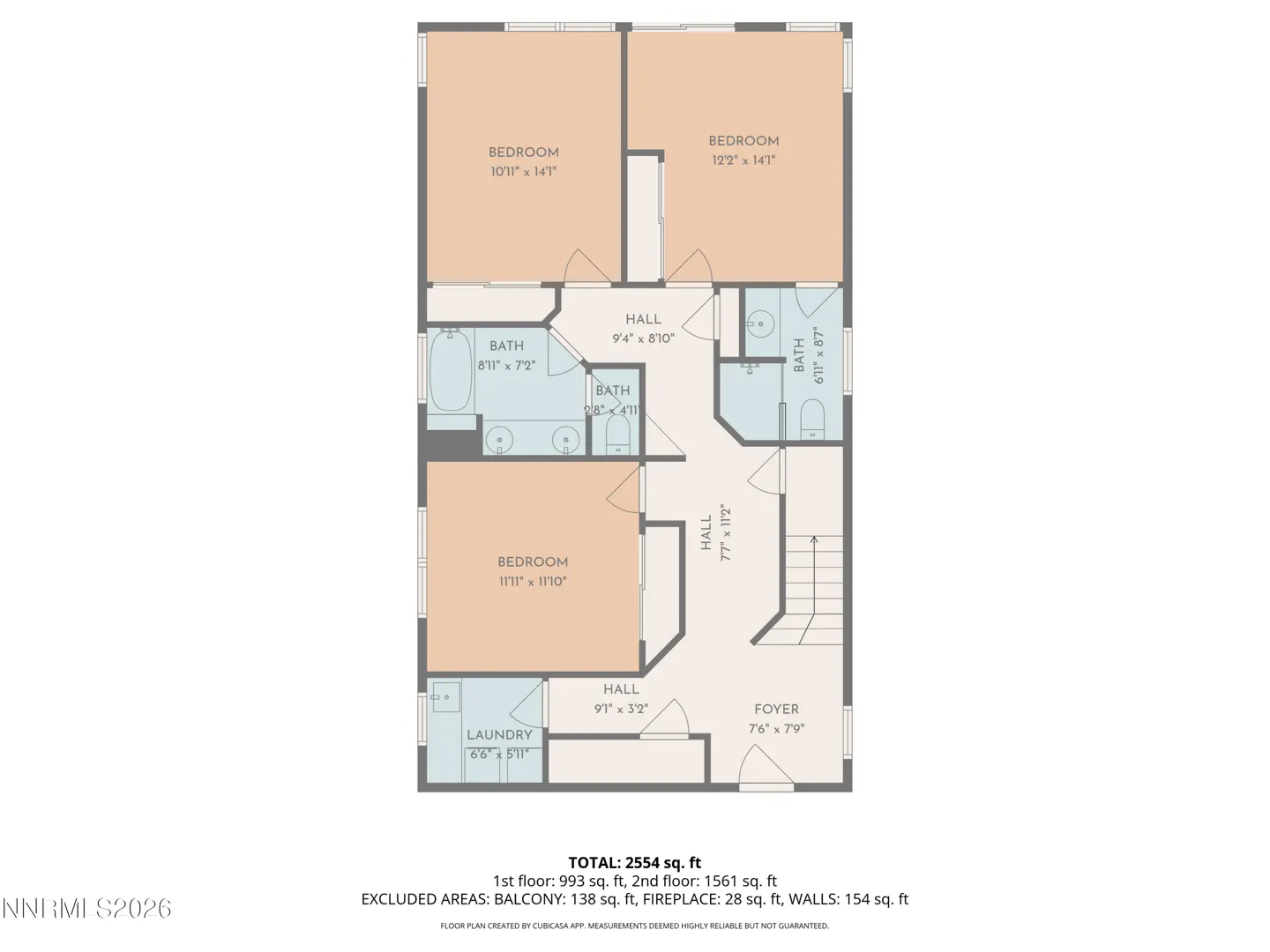 Floor plan of a two-story house with three bedrooms, two bathrooms, laundry, hall, and foyer.