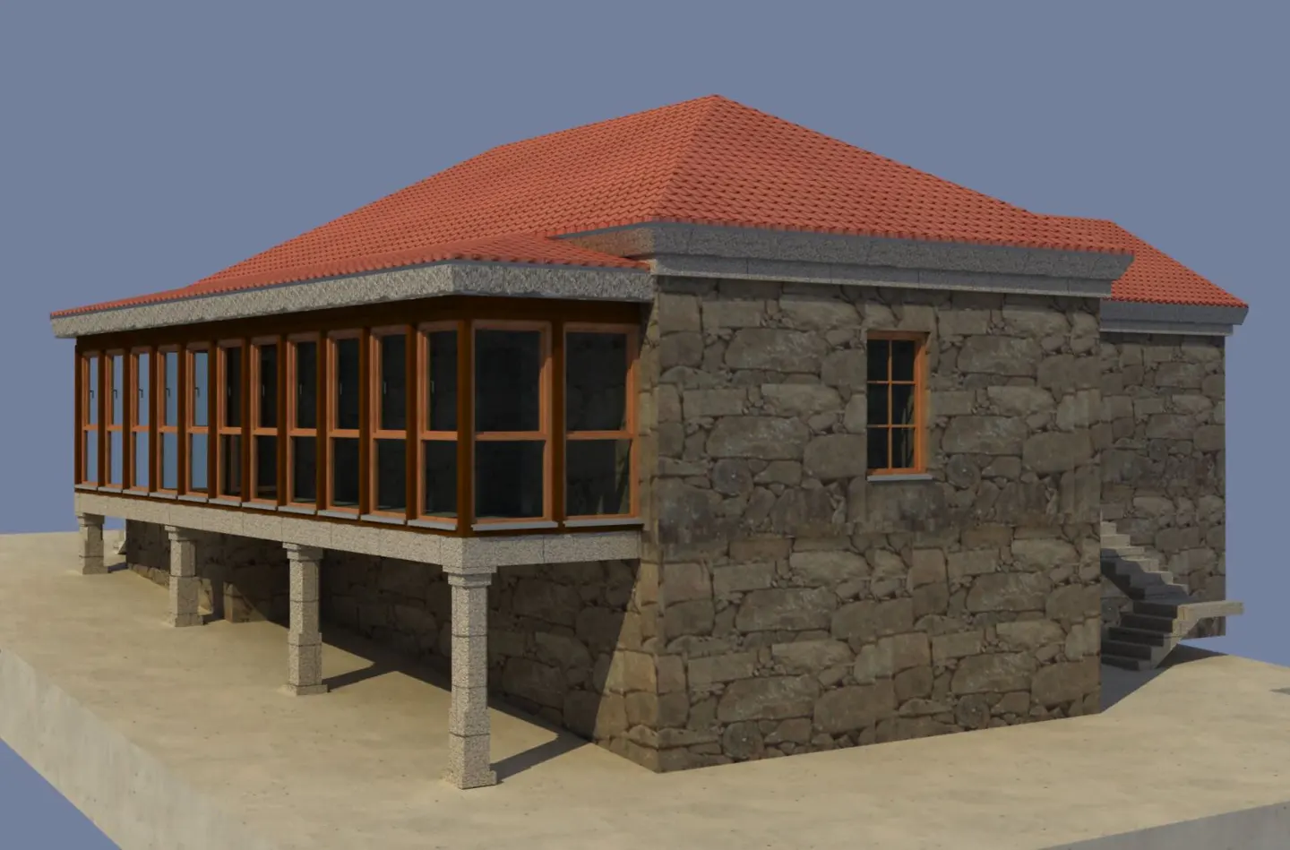 Stone house with a red tile roof and a glass-enclosed porch supported by pillars. A small window is visible on the stone wall.