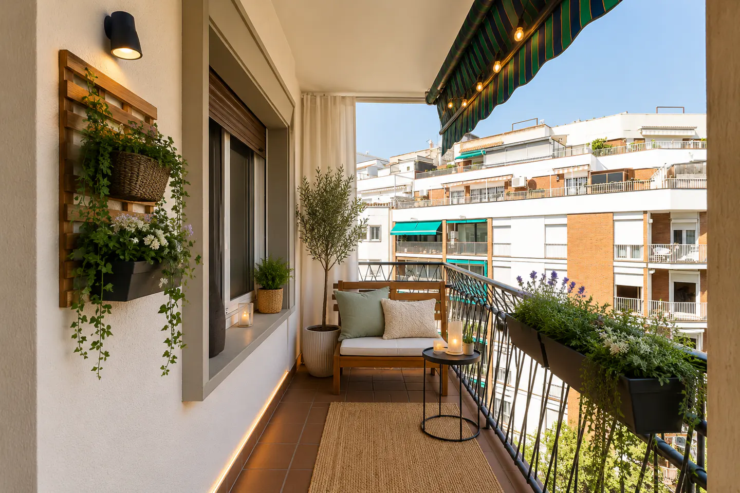 Cozy balcony with a wooden bench, pillows, and a small table with candles. Green awning, plants, and city view in the background.