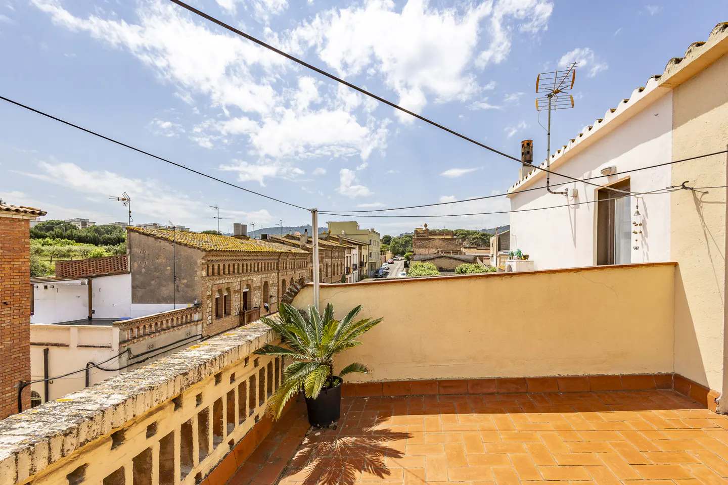 Terrace view with terracotta tiles, brick railing, and potted palm. Buildings and blue sky with clouds in the background.