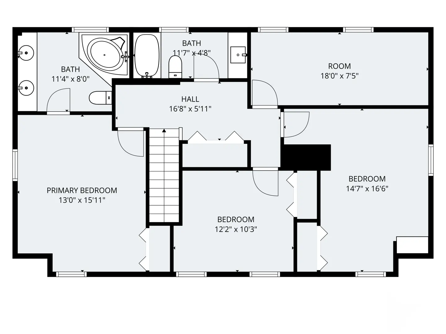 Floor plan of a house's upper level, showing two bathrooms, three bedrooms, a hall, and a room with dimensions.