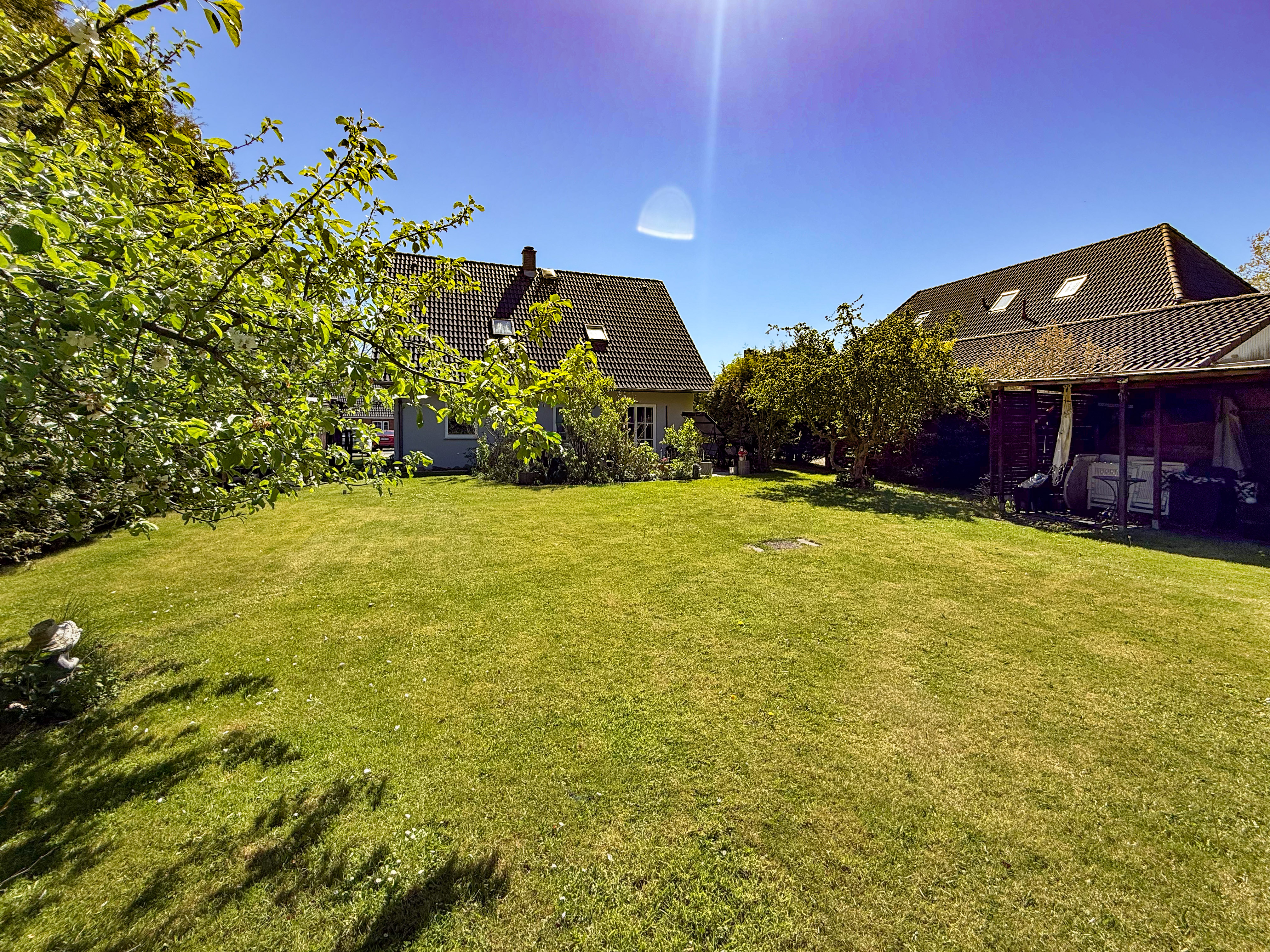 A large, sunny green backyard with a lush lawn, trees, and two houses with dark tiled roofs under a clear blue sky. [AI-generated text]