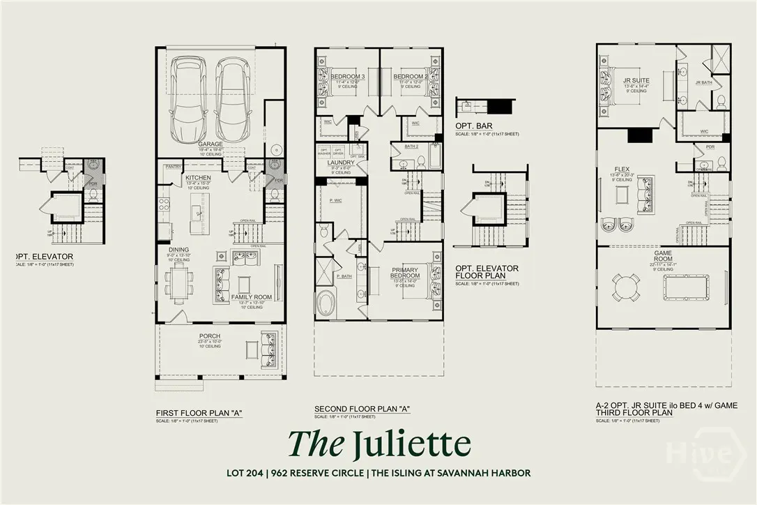 Floor plan of "The Juliette" house model, showing first, second, and third floors, plus elevator and bar options.
