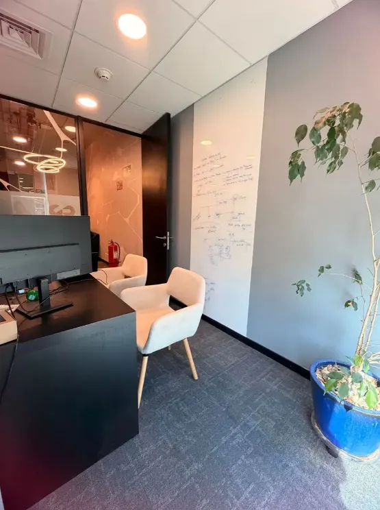 Modern office with a black desk, white chairs, a large whiteboard wall, and a potted plant on a grey carpeted floor.