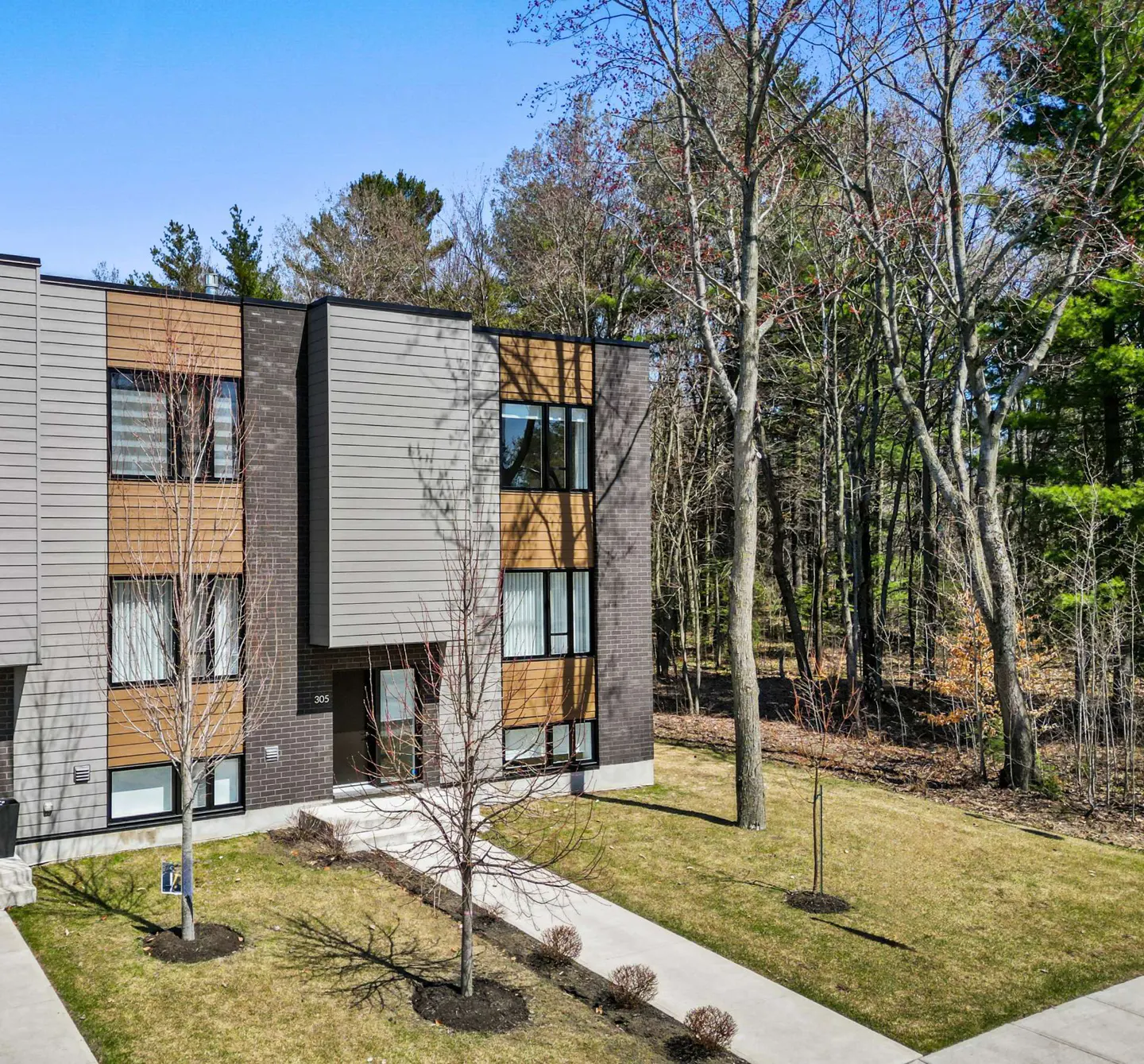 Modern townhouses with gray and wood siding, black brick accents, and a concrete walkway leading to the entrance. Trees in the background.