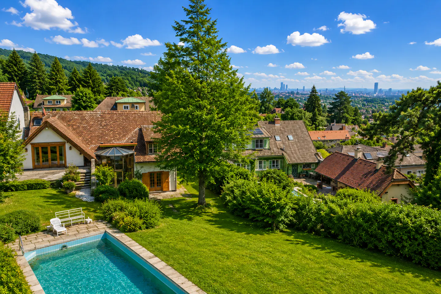 Aerial view of a house with a pool, green lawn, and trees. The city skyline is visible in the background.