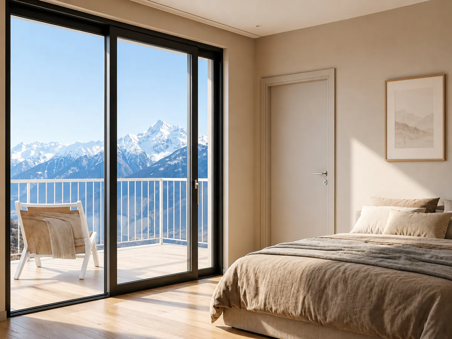 Modern bedroom with a beige bed, sliding glass doors opening to a balcony with a chair and snowy mountain views.