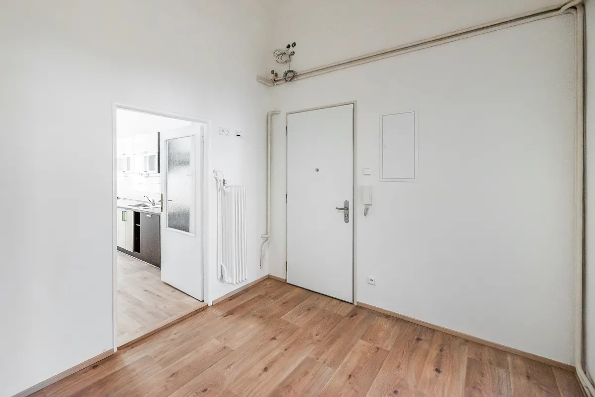 Bright, empty apartment entry with wood floors and white walls. A door leads to a kitchen with white cabinets and a stainless steel sink.