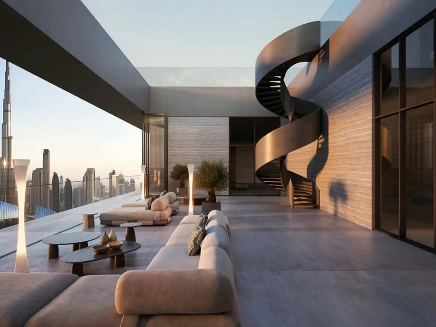 Luxury penthouse terrace with beige sofas, tables, and a spiral staircase. The Burj Khalifa is visible in the background.