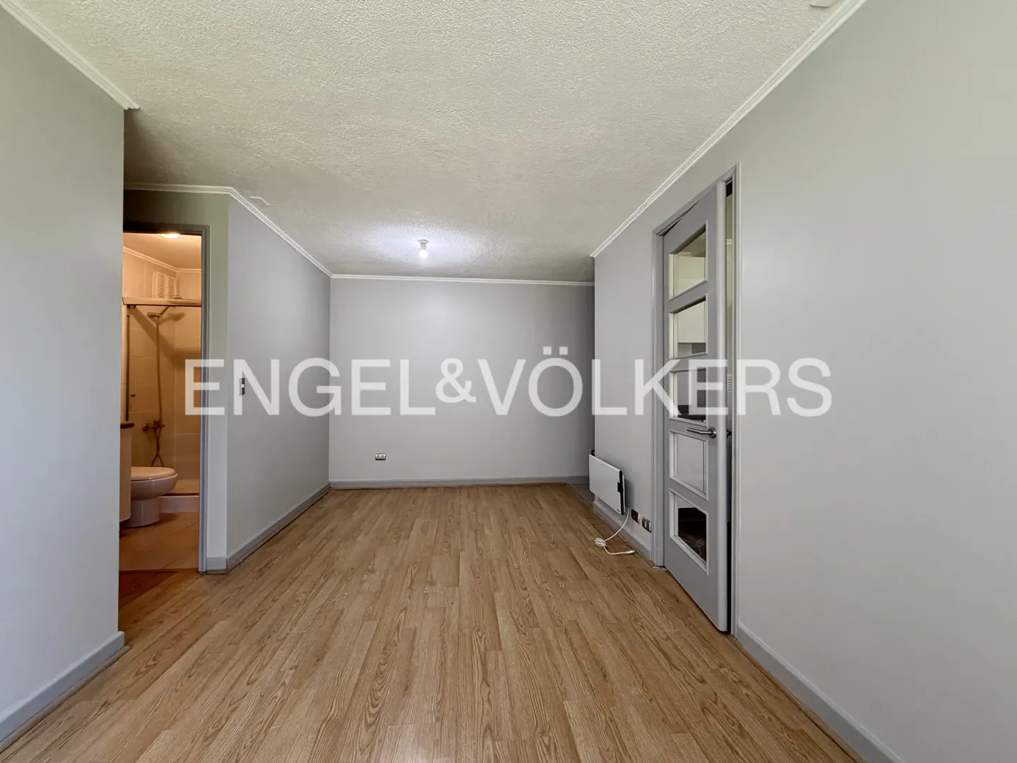 Empty room with wood floors, gray walls, and white trim. A bathroom is visible through a doorway on the left. A glass-paneled door is on the right.