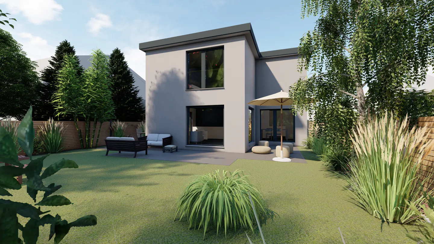 Backyard of a modern gray house with patio furniture, green lawn, trees, and a wooden fence.