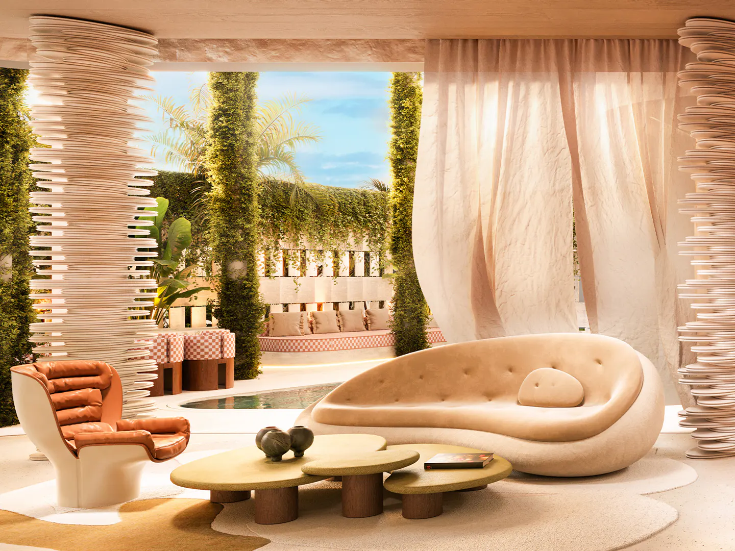 Living room with a tan sofa, chair, and tables. Outside is a pool and greenery. The room has a modern, organic design.